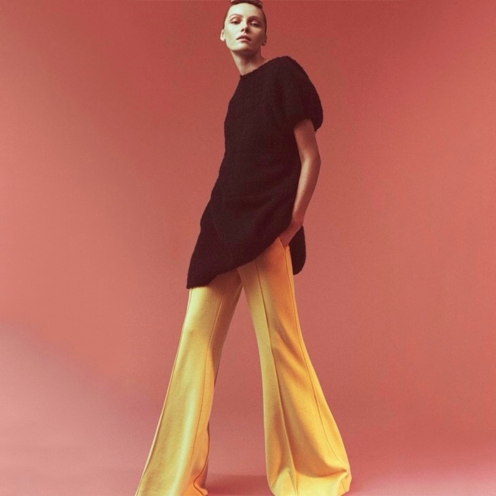 CÉLINE YELLOW WOOL JERSEY FLARED PANTS SIZE 40 BY PHOEBE PHILO